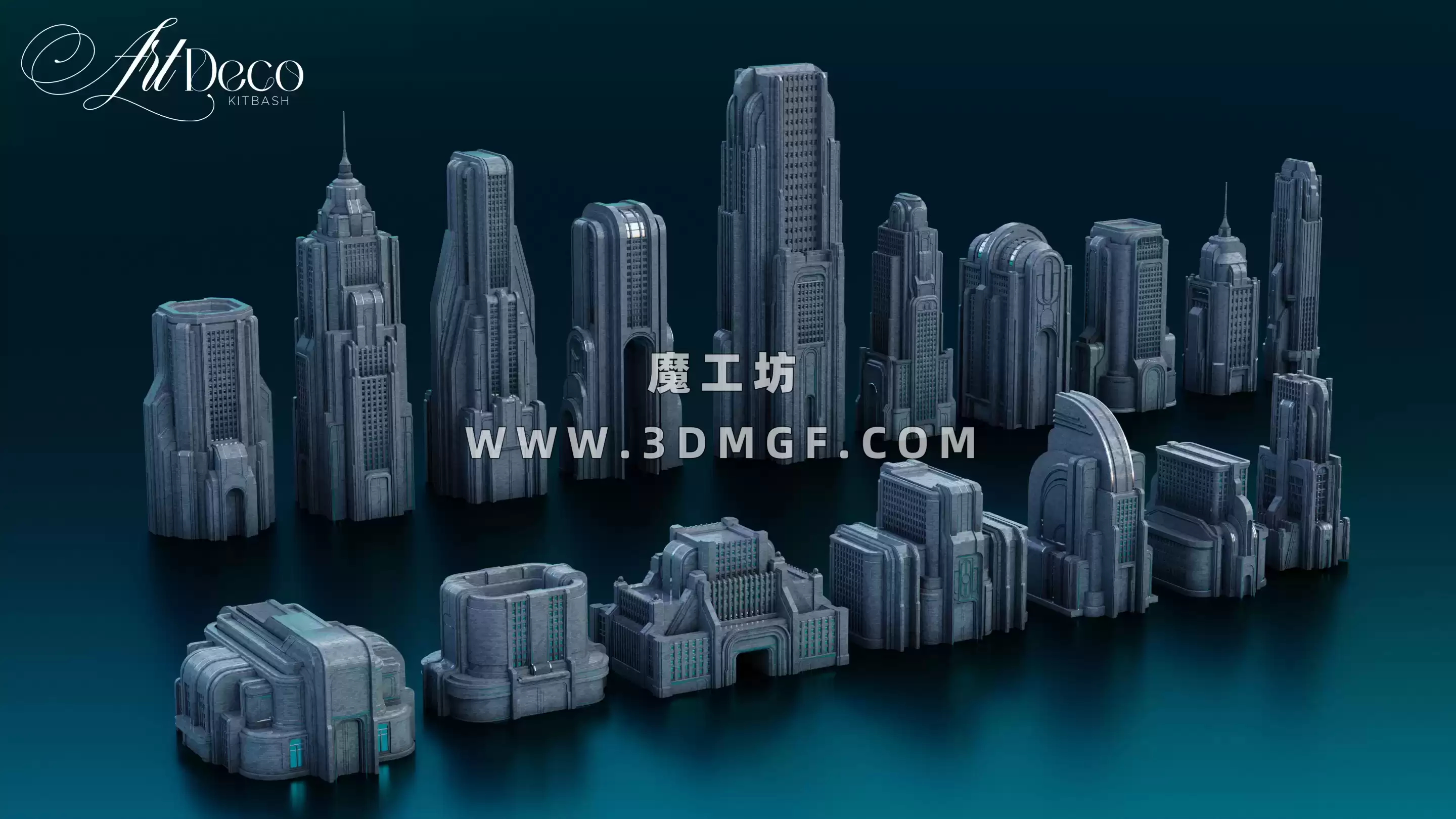 未来城市建筑3D模型资产 Art Deco – City Kitbash (Blender/FBX/OBJ格式)