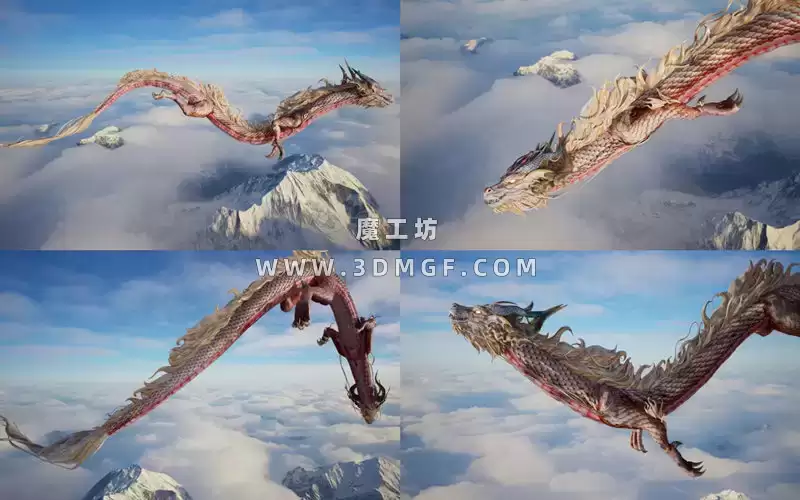Blender飞天神龙飞龙神兽3D模型飞行神龙头部尾巴身体带2K纹理