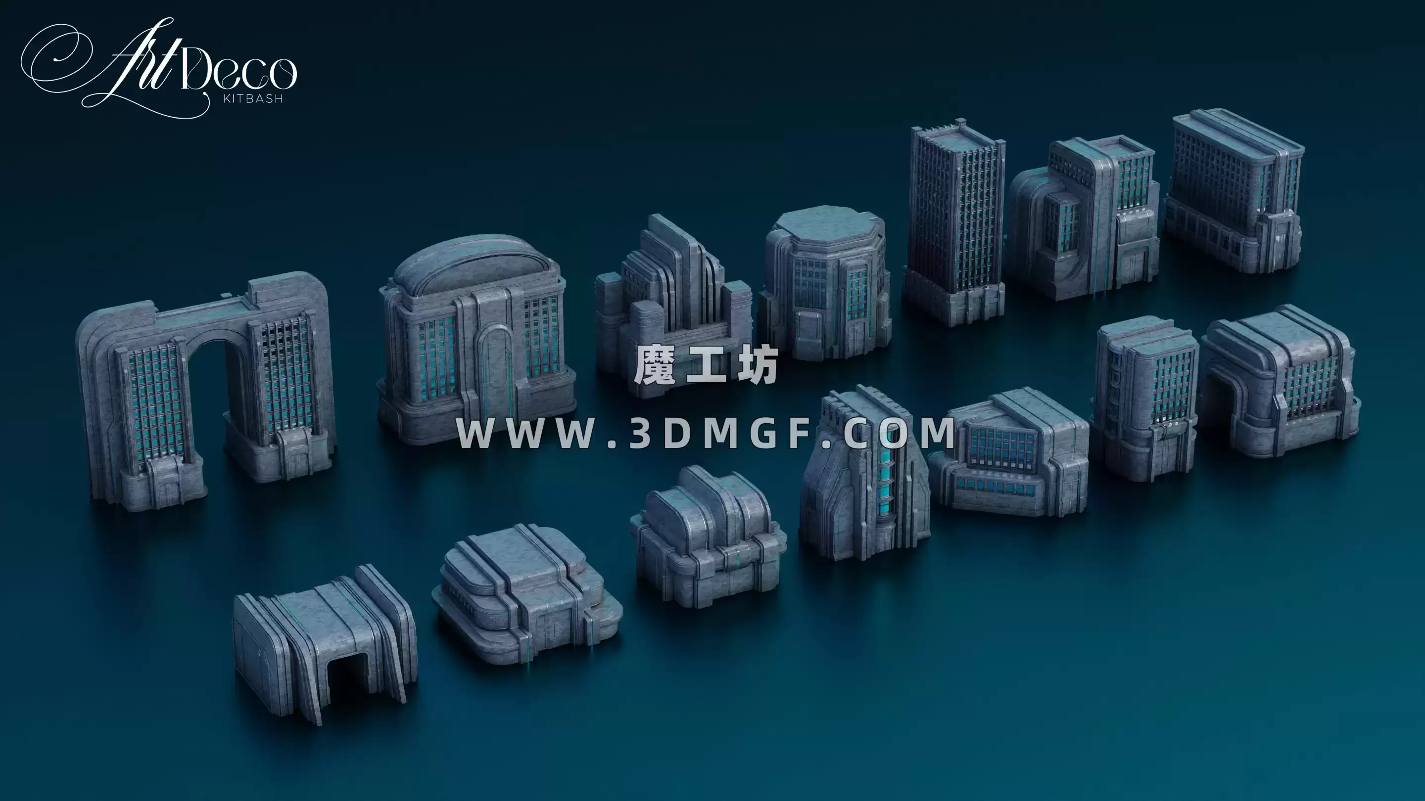 未来城市建筑3D模型资产 Art Deco – City Kitbash (Blender/FBX/OBJ格式)