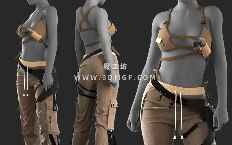 1款MD服装特工女孩吊带上衣长裤套装ZPRJ模型打版源文件3D服装