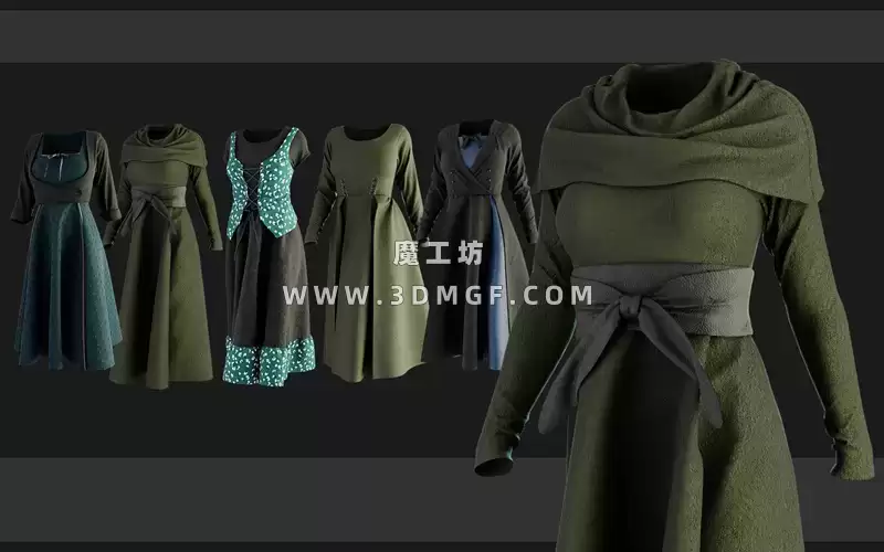 5款MD服装古代女性长裙连衣裙礼服裙子ZPRJ模型打版源文件3D服装