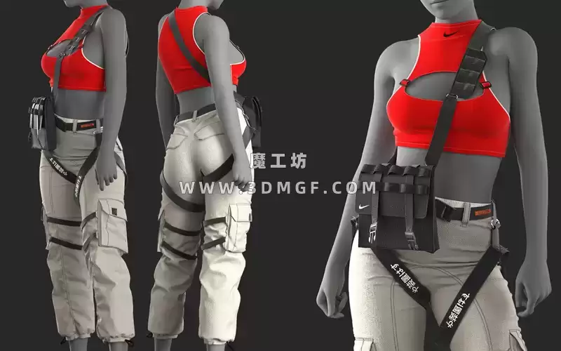 1款MD服装运动女孩吊带上衣休闲裤套装ZPRJ模型打版源文件3D服装