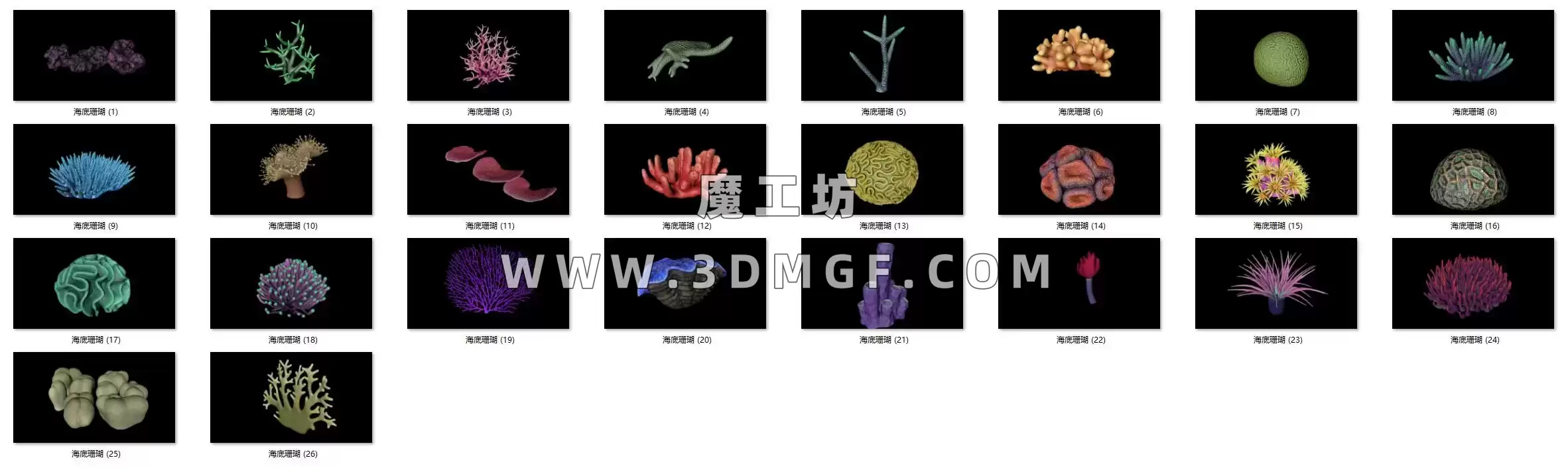 魔工坊-26个珊瑚礁海底生物模型C4D模型带贴图