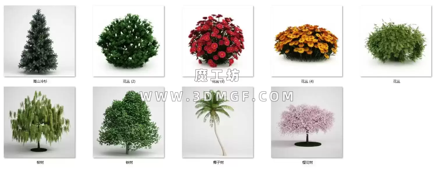 魔工坊-9个花园鲜花树木C4D模型含贴图