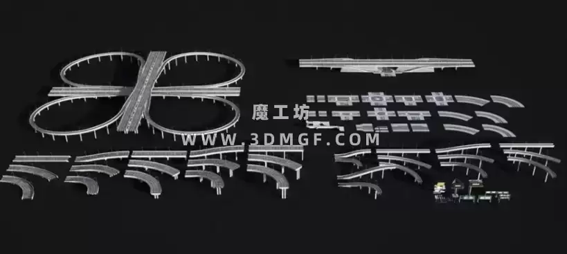 Kitbash3D系列-高架桥高速公路立交桥交通设备建筑包模型-Props：Highways