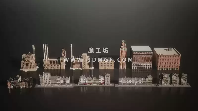 KitBash3D系列-19世纪美国工业时代城镇建筑楼房3D模型  – Mini Kit Boroughs