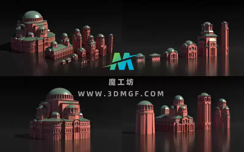 11款复古拜占庭帝国城堡建筑3D模型房屋楼房塔楼建筑基础白模无纹理