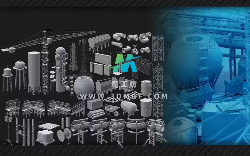 Blender工厂水塔建筑工业管道3D模型塔吊围栏围墙铁塔基础白模