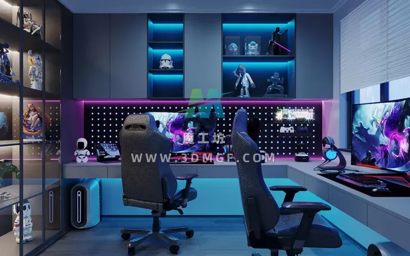 Blender电子竞技游戏室电脑房间3D场景电竞椅展示柜带纹理贴图