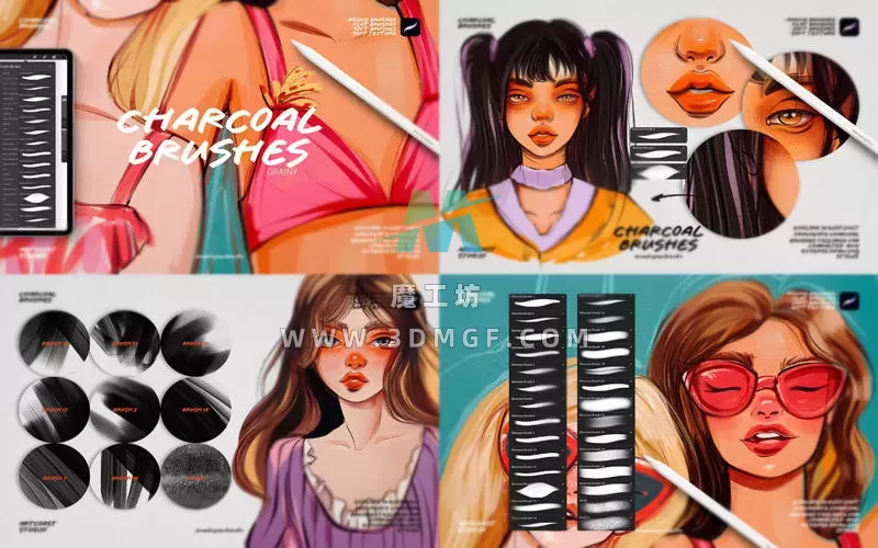 逼真木炭灰黑炭笔手工质感Procreate笔刷木炭画速写手绘iPad画笔
