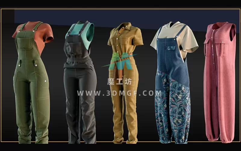 5款MD服装女性背带裤吊带牛仔裤连体衣ZPRJ模型打版源文件3D服装
