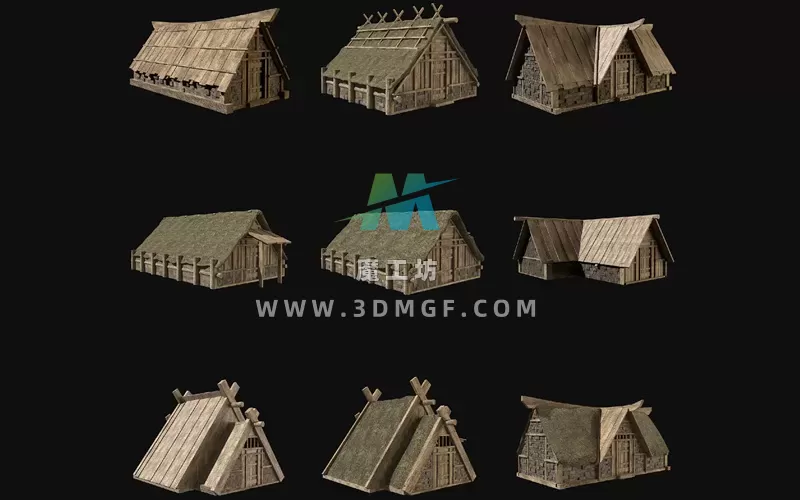 9款奇幻中世纪维京小屋木屋建筑物3D模型FBX/OBJ格式带2K纹理贴图