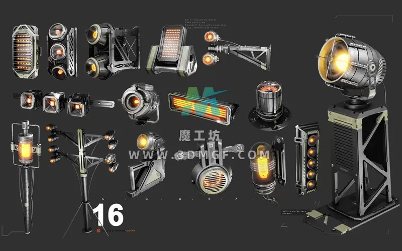 Blender照明灯探照灯设备3D模型灯光道具工业灯具聚光灯带4K纹理