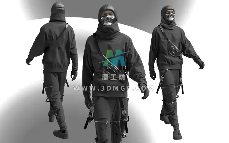 1款MD服装休闲上衣长裤面罩帽子套装ZPRJ模型打版源文件3D服装