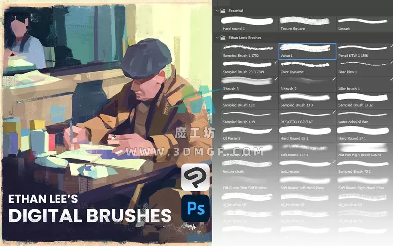 40款Ethan Lee插画原画厚涂勾线动漫绘画PS笔刷ABR格式设计素材