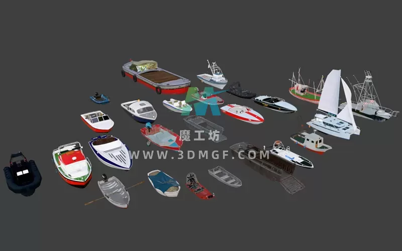 25款低多边形船只快艇游艇渔船3D模型Blend/GLTF格式带纹理贴图