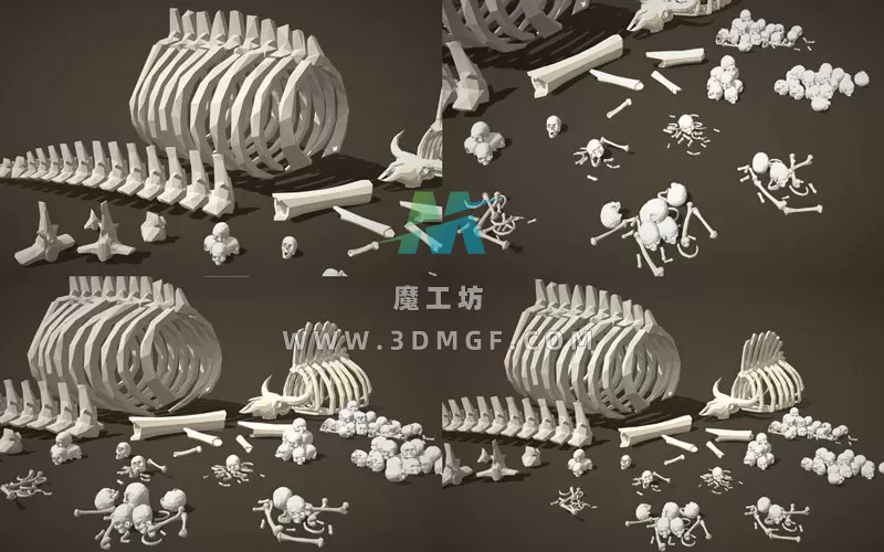 1款极简低多边形动物骨头遗骸头骨道具3D模型FBX格式白模无纹理