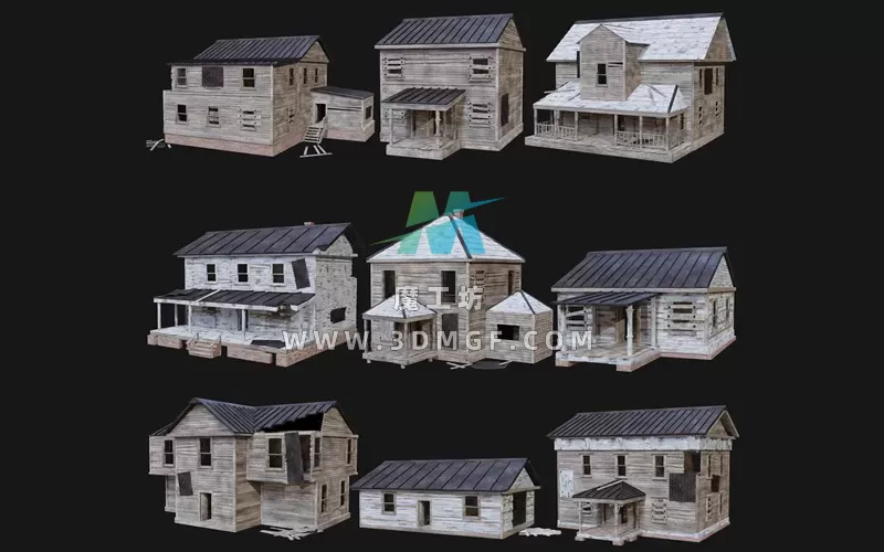 9款毁坏木头房屋楼房木屋建筑物3D模型FBX/OBJ格式带2K纹理贴图