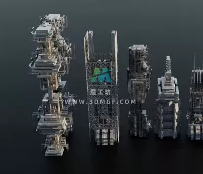 Blender建筑基建3D模型资产 Old Dystopic Buildings set 3D model