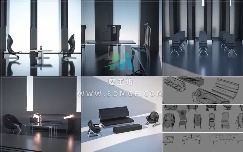 科幻简洁未来主义家具3D模型简约美学椅子沙发桌子科幻家具白模