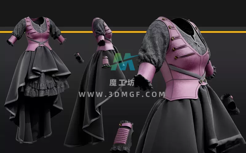 1款哥特式可爱连衣裙3D服装模型ZPRJ/OBJ格式模型素材