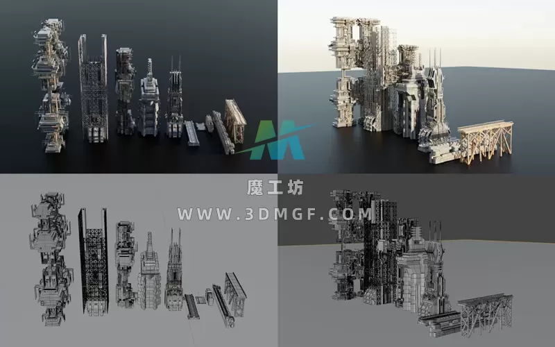 Blender科幻未来城市反乌托邦建筑桥梁基建金属结构3D模型资产
