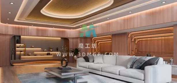 Blender现代木质客厅场景资产3D模型 Modern Curved Wooden Living Room