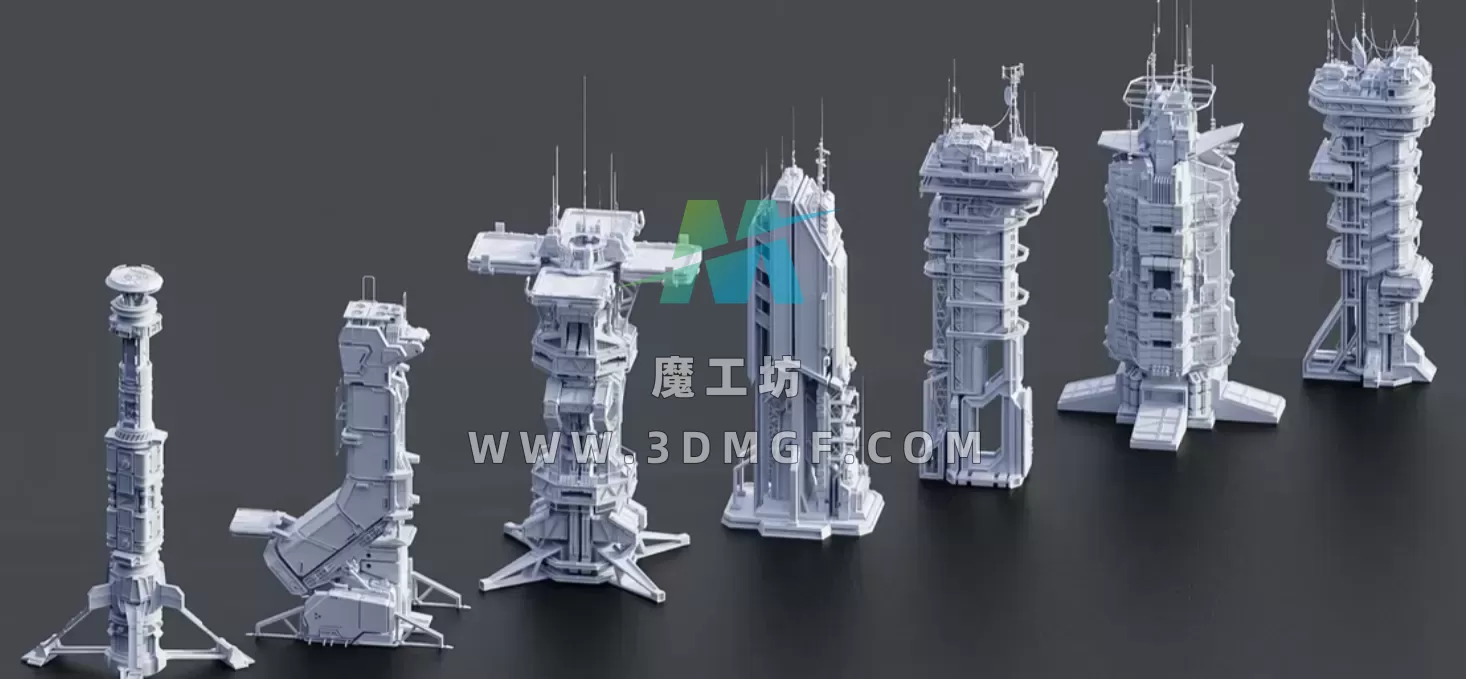 Blender科幻未来硬表面天线信号塔3D模型科幻建筑物Kitbash资产