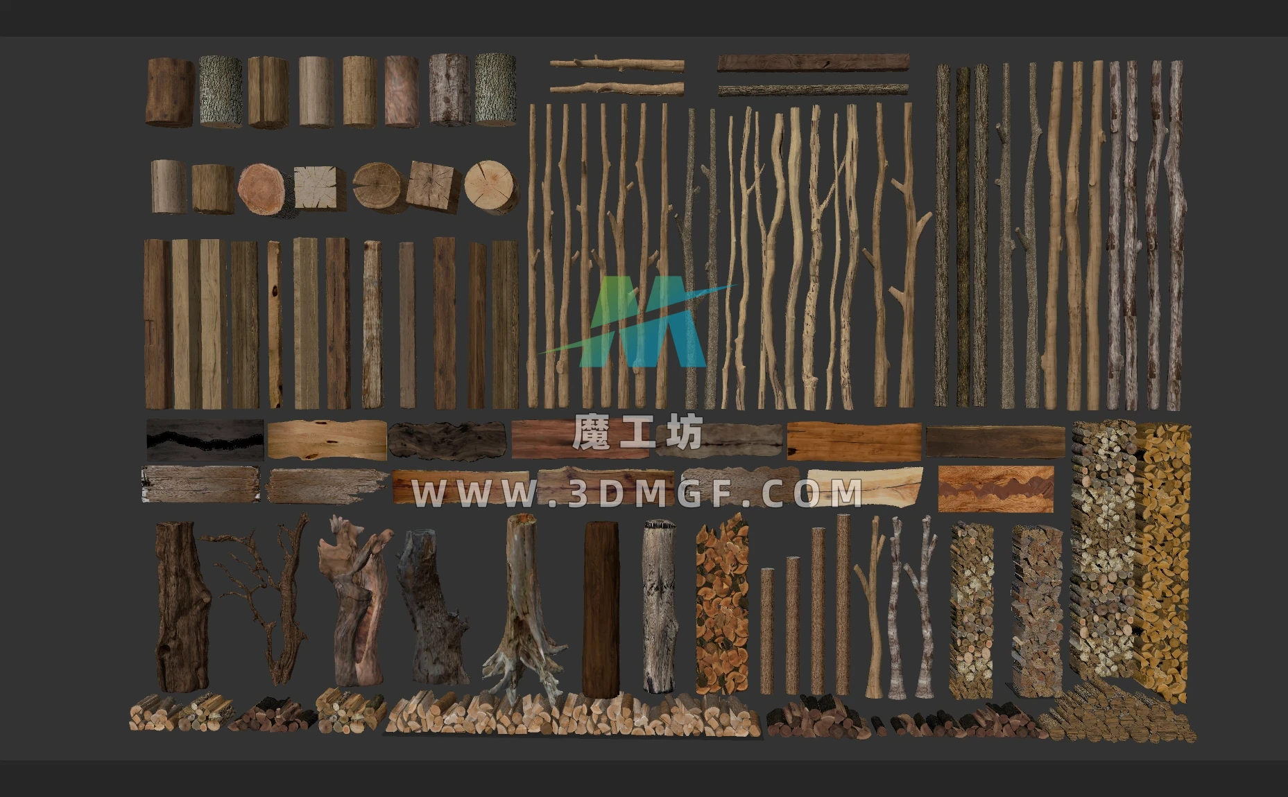 木桩木杆树干树枝树墩树根木材三维3D模型素材