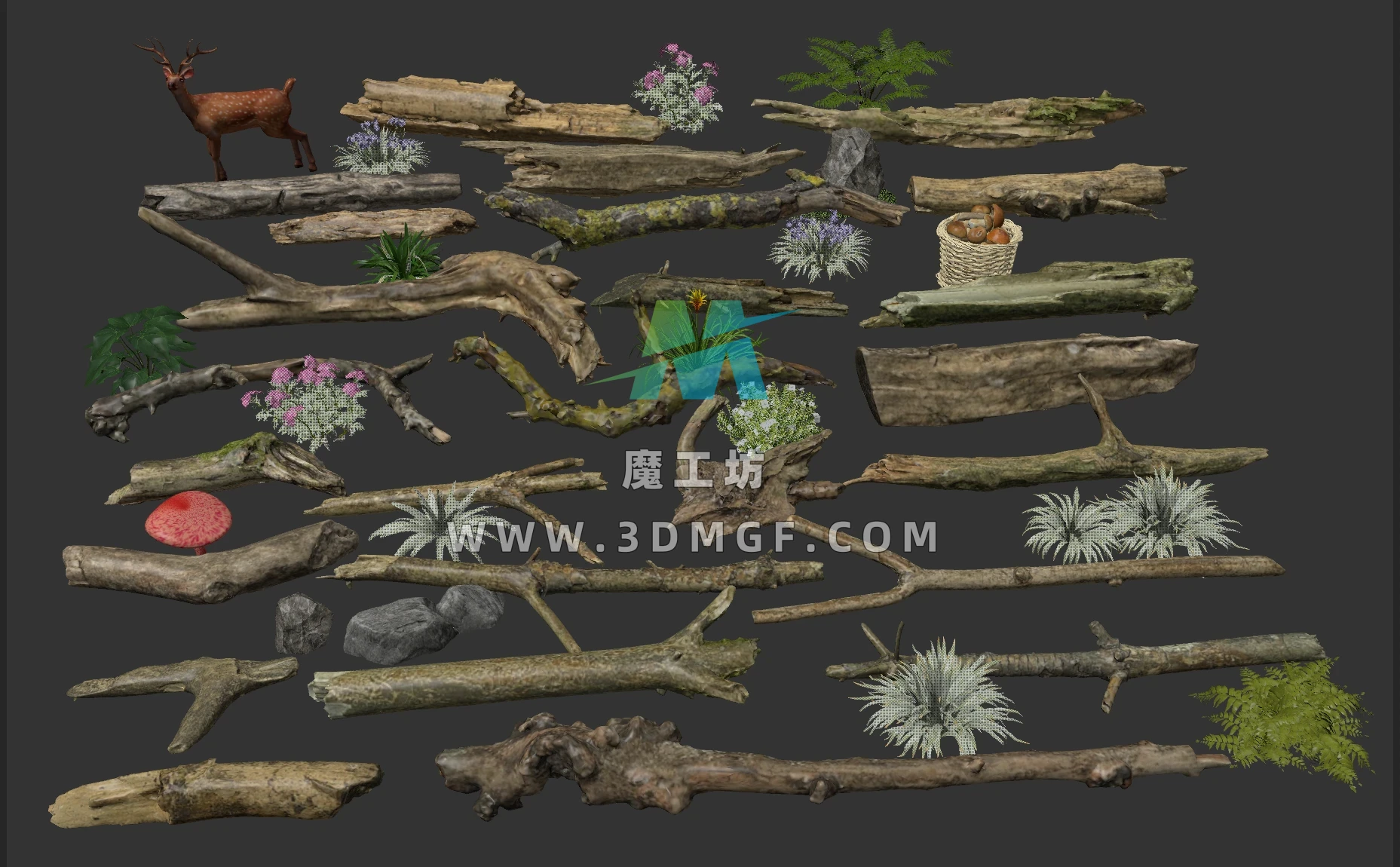 现代庭院小品_造景_枯木头_腐木_朽木_树干_枯树杆_木材_木柴_蘑菇