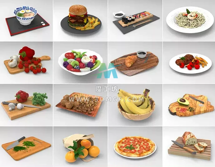 C4D水果沙拉OBJ香蕉FBX橙子Blender核桃花生寿司意面披萨面包番茄