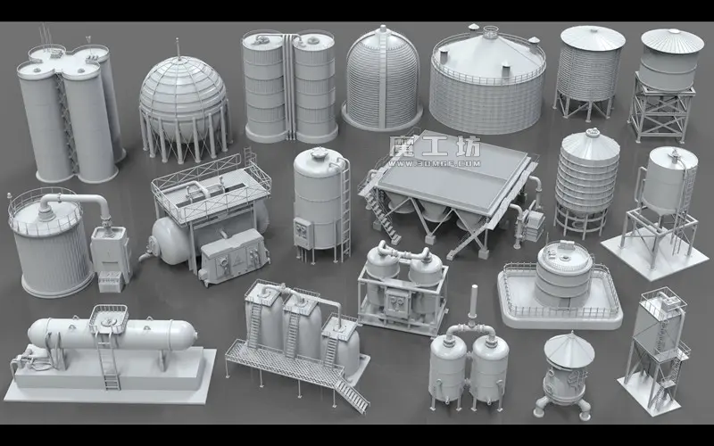 工厂设备工业储罐3D模型工业储存罐收纳罐体白模无纹理