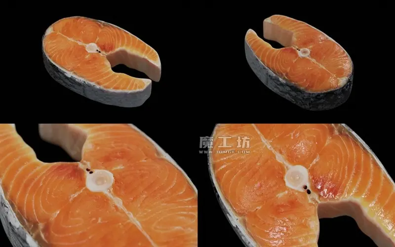 逼真鲑鱼食物鱼排3D模型新鲜生鱼片鱼肉海鲜食品带4K纹理