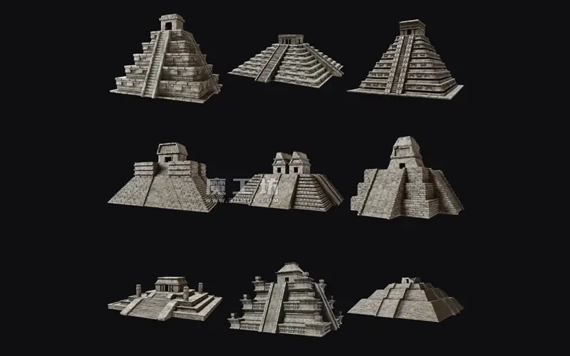 古老金字塔石头建筑神庙遗迹3D模型玛雅金字塔建筑物遗址带2K纹理