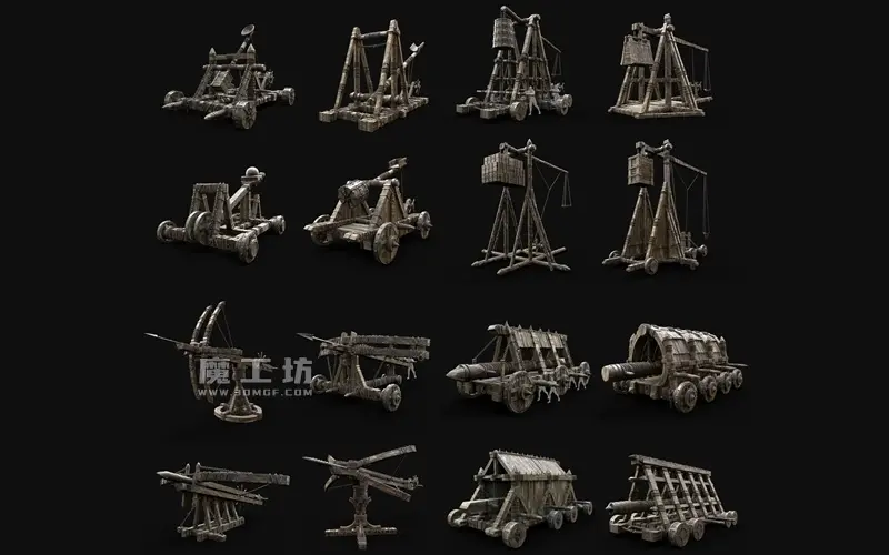 中世纪攻城武器战争机械3D模型投石机弩炮弹射器攻城槌带4K纹理