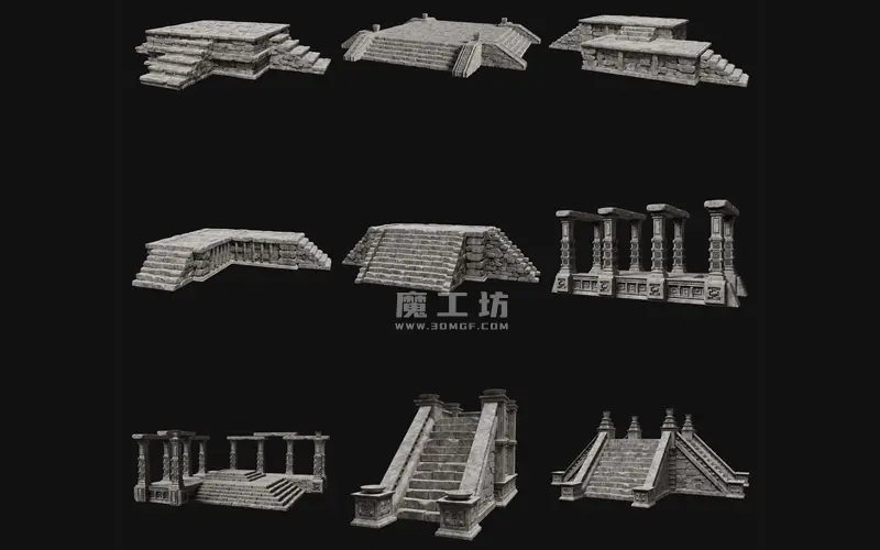 古代玛雅石头平台楼梯建筑3D模型石阶遗迹石台石头建筑物带2K纹理
