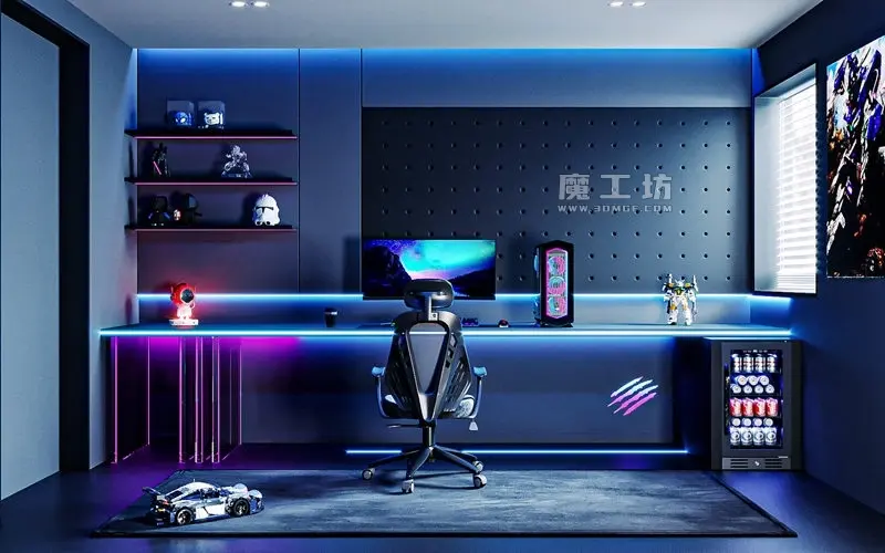 电竞房桌椅电脑房3D场景电脑设备电竞椅道具带纹理贴图