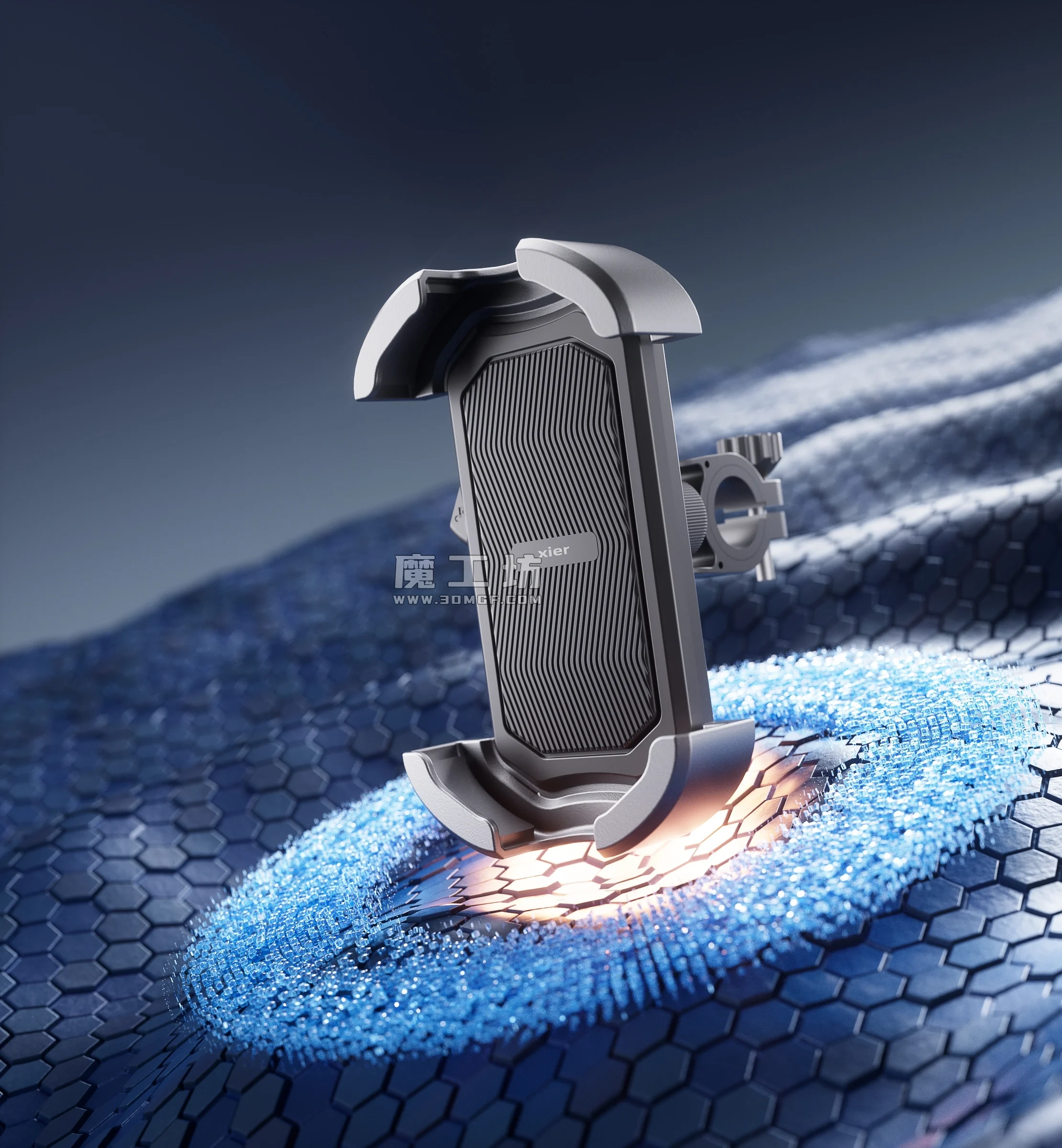魔工坊-Octane工程-OC渲染工程含xier品牌手机支架六边形纹理台面发光特效渐变天空背景