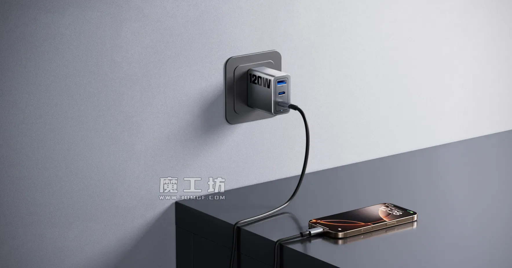 魔工坊-Octane工程-120W快充充电器智能手机充电数据线墙面插座黑色柜体渐变背景墙